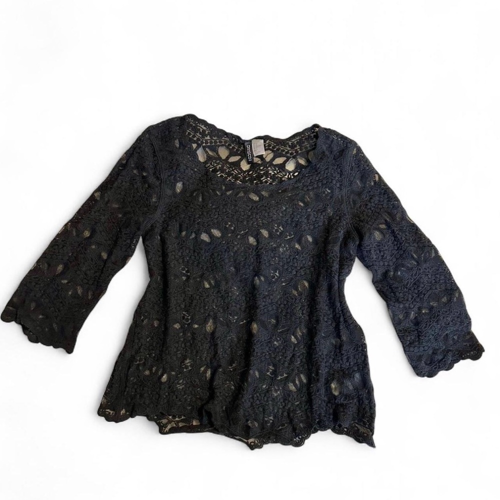 H&M Black Lace Mesh Top Size 8 Boho Goth Sheer 3/4 Sleeve